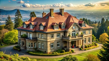 Obraz premium Pittock Mansion Minimalist Photography: Portland Oregon Estate, Historic House, Architecture, Scenic Views