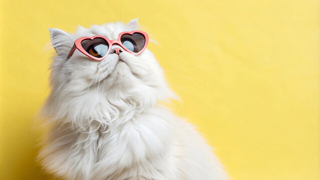 Fluffy white cat wearing heart shaped sunglasses against yellow background