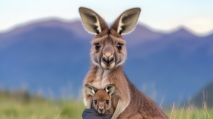 Fototapeta premium Aussie Kangaroo Mom Joey in Outback Landscape