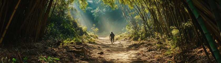 Obraz premium Solitary Figure Walking A Bamboo Forest Path