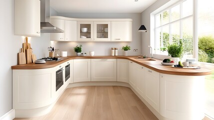 Cozy kitchen design with cream cabinetry and light wooden countertops modern home interior decor bright environment inviting view aesthetic concept