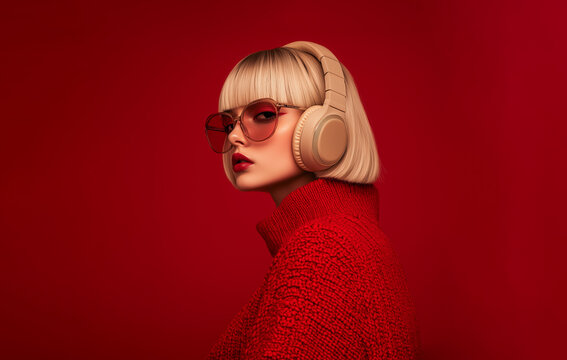 Blond woman model with red sweater and sunglasses wearing a headphone on red background