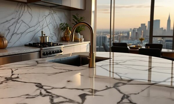 Italian Marble Countertop in Luxury Penthouse Kitchen