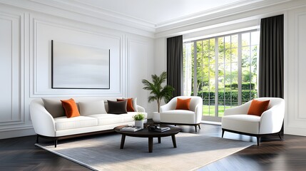 Stylish living room interior design with cream furniture modern home photography bright environment frontal view contemporary aesthetic