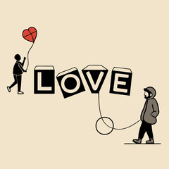 Minimalist illustration of love with person holding heart balloon and another walking dog, symbolizing affection and connection. Perfect for Valentine Day