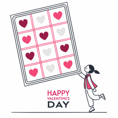 Happy Valentine Day illustration featuring girl holding large grid of hearts in various colors. design is playful and festive, perfect for celebrating love and affection
