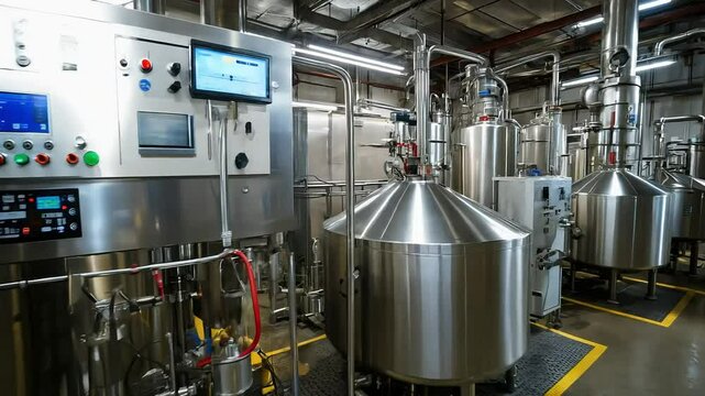 A modern industrial factory interior with large stainless steel tanks and control panels for manufacturing processes, 4k video