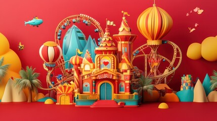 A whimsical fairytale amusement park castle scene