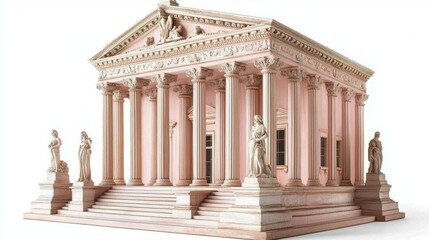 handcrafted wooden replica of neoclassical temple with detailed columns and statues, showcasing architectural elegance and artistry