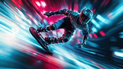 Futuristic Rider Speeds Through Neon Cityscape On Hoverboard