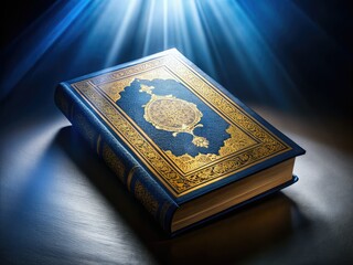 Fototapeta premium Quran Silhouette, Blue Cover, Golden Border, Divine Light, Islamic, Religious, Spiritual, Holy Book, Black Background, Faith, Belief, God, Sacred Text, Silhouette Photography