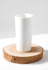 White Mug on Wooden Slice