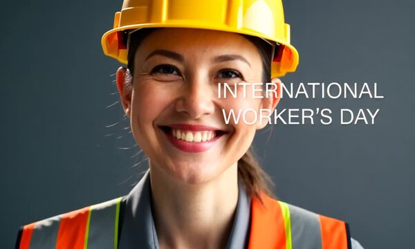 Texte en anglais "INTERNATIONAL WORKER'S DAY", m&eacute;lange vid&eacute;o et animation avec hommes et femmes travailleurs du BTP pour la journ&eacute;e internationale des travailleurs du 1 mai
