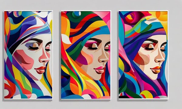 Portrait triptyque de femme en couleur avec visage f&eacute;minin multicolore et zoom progressif sur composition picturale, panneau d&eacute;coratif moderne, art mural pop, expression f&eacute;minine et visage stylis&eacute;