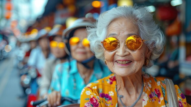 Happy elderly Asian women in sunglasses on a busy street.