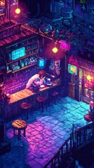 Obraz premium Night bar scene, pixel art, 