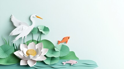 Obraz premium Tranquil Papercraft Wetland Scene with Lotus Flower,Crane,and Fish