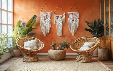 Fototapeta premium Stylish ethnic interior with wicker furniture and macrame.