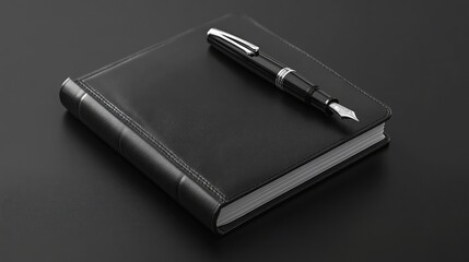 Elegant Black Leather Notebook with Fountain Pen on Dark Surface for Stylish Writing, Organizing, or Journaling Activities