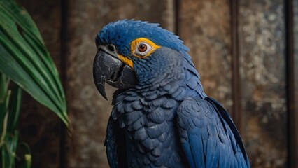 Obraz premium Cute Parrot, Hyacinth Macaw, Bird, Beautiful Pet, A close-up Portrait, Animal, Marble, Home, Indoor, Wallpaper, Screensaver, Background