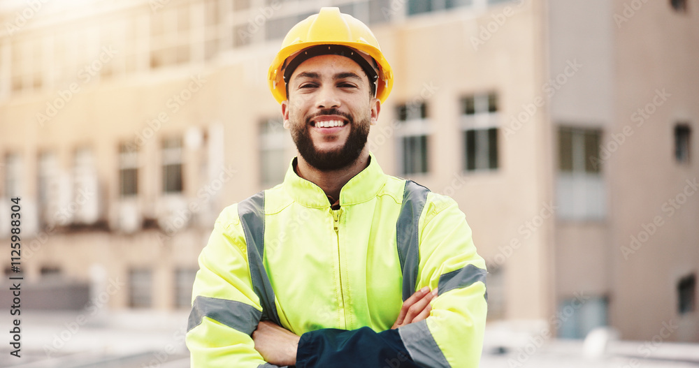 Poster portrait, engineer and man with construction site, arms crossed and project management with smile. p