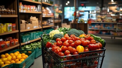 A shopping cart filled with colorful vegetables