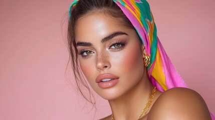 Fototapeta premium Beautiful Woman Pink Headscarf Gold Jewelry Makeup Freckles Portrait
