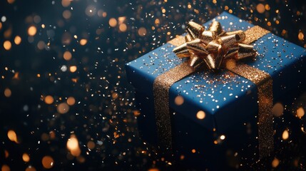 Navy blue gift box with gold glitter and ribbon. Perfect for holiday, celebration, and gifting themes.