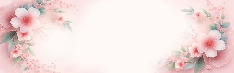 Delicate pink flowers on a pink background. Banner. AI