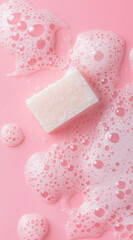 Water foam and soap bar on a pink background. Made by AI