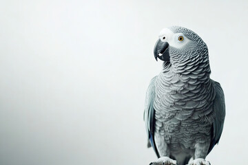African grey parrot in a talking pose on a plain white background, ideal for pet themes