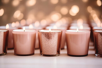 Soft pink candles glowing warmly in cozy setting