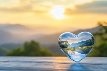 A translucent heart shape with an image of a serene landscape inside, symbolizing inner peace and health