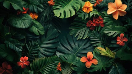 Lush tropical foliage with vibrant flowers creating a serene atmosphere.