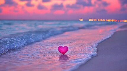 Fototapeta premium Serene Sunset Beach Pink Heart Gentle Waves Romantic Shore