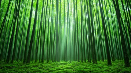 Fototapeta premium Serene Spring Forest Lush Green Trees Mossy Ground Sunlight Canopy