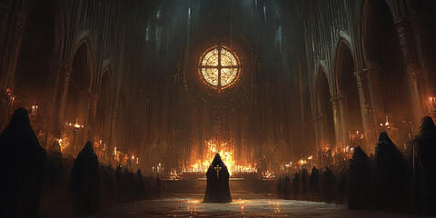 Mysterious figures in a dark gothic cathedral during a candlelit ceremony.