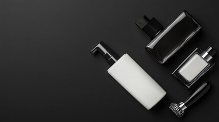 Stylish collection of luxurious cosmetic bottles and jars arranged on a sleek black background, perfect for beauty and skincare product presentations or advertisements.