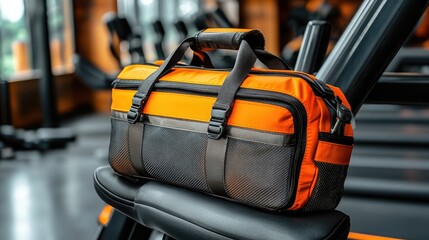Fototapeta premium Orange and Black Gym Bag on Fitness Equipment in Modern Gym Setting with Empty Background, Perfect for Athletic Lifestyle and Workout Motivation