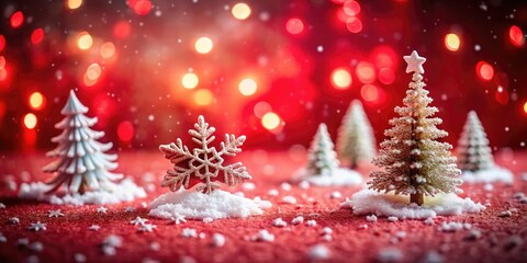 Obraz premium Red Snowflake Tilt-Shift Photography, Miniature Winter Wonderland, Festive Holiday Background, Christmas Scene, Macro Snow
