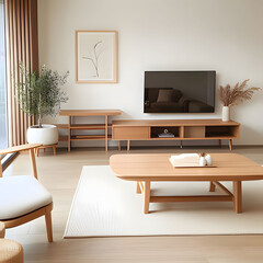 a living room with a tv and a plant on the table Generative AI