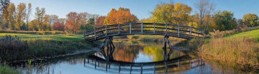 Rustic Wooden Bridge Over Autumnal Stream