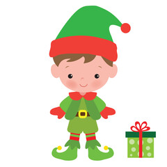 Cute Christmas elf boy with candy cane vector cartoon flat style illustration
