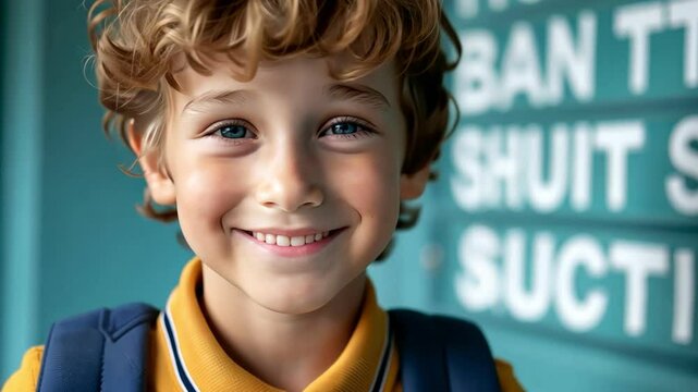 Smiling boy with curly hair, wearing a yellow shirt, standing in front of a colorful wall.