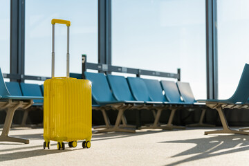 Travel, The suitcases in an empty airport hall, traveler cases in the departure airport terminal waiting for the area, vacation concept, blank space for text message or design, luggage for travel.