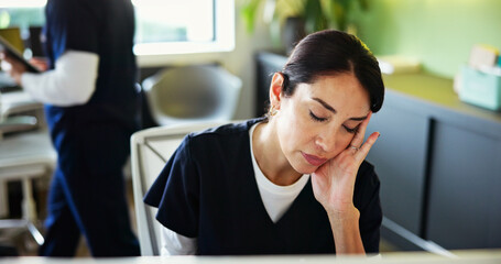 Headache, stress and woman receptionist at medical front desk for burnout, overworked and tension....