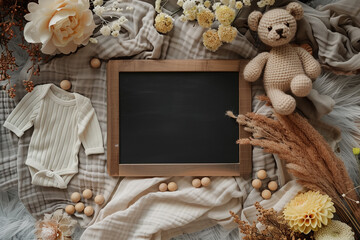 Pregnancy announcement with teddy bear, dried flowers and a black letterboard in the centerof a soft muslin blanket