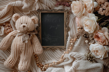 Pregnancy announcement with teddy bear, dried flowers and a black letterboard in the centerof a soft muslin blanket