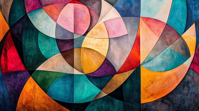 vivid abstraction of interlocking geometric patterns featuring triangles, circles, and squares, set in a modern and colorful palette
