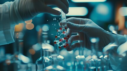 Scientists conducting biotechnology experiment in laboratory: analyzing molecule model and adding...